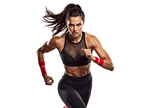 Dynamic athletic woman in running motion with determined gaze on transparent space