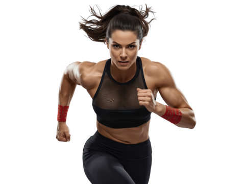 Determined athletic woman sprints forward with focused intensity and transparent ambiance