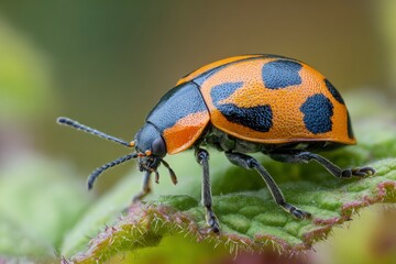 Fototapeta premium A leaf beetle orange with black spots is perched on a textured green leaf showcasing its detailed anatomy