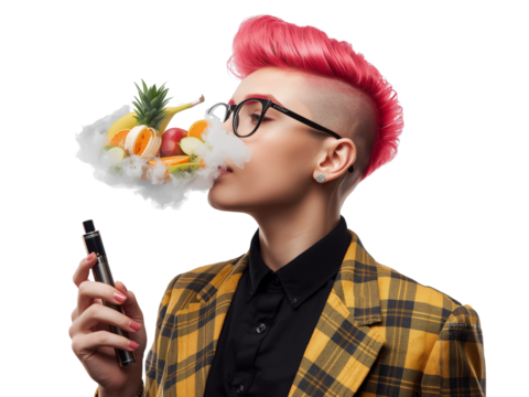 Pink haired woman vaping with a cloud of tropical fruit on a transparent isolated space