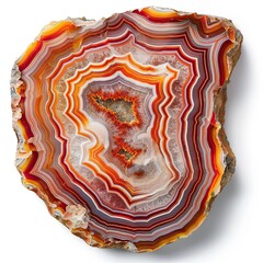 Vibrant agate slice featuring concentric bands of orange red and white showcasing natural beauty