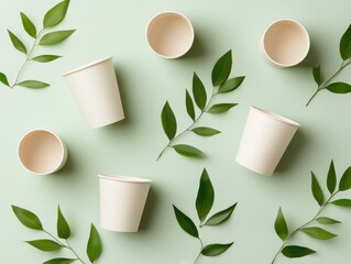 Eco-friendly paper cups surrounded by fresh green leaves on a soft background.