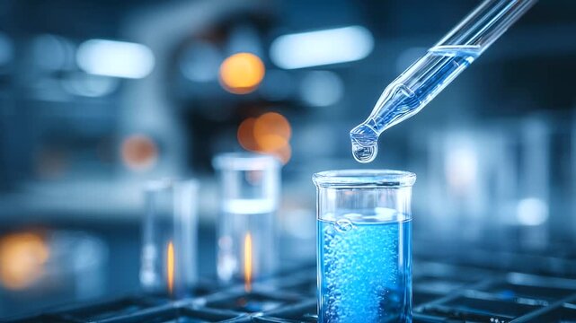 Close-up of gloved hands using a pipette to test water in a glass container, floating scientific labels indicating PFAS, lead, mercury, and cadmium contamination. water testing