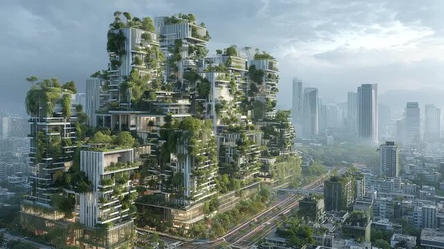 Concept of AI in architecture shaping future smart cities with adaptive buildings, green rooftops, renewable energy grids, and responsive environments for sustainable urban plannin