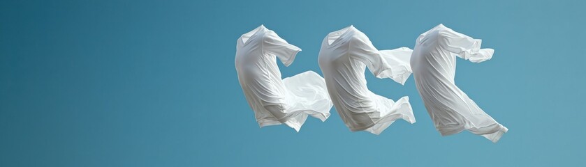 Flowing white fabric suspended against a serene blue sky, creating a sense of calm.