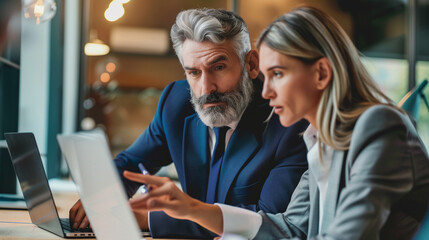 Two busy business people entrepreneurs using laptop at work in office. Two busy business people entrepreneurs team checking data using laptop at work in office. Mature executive manager talking to col