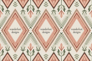Bohemian tribal pattern with diamond shapes and floral elements featuring the text wanderlust designs
