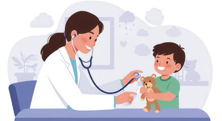 Female doctor examining a young boy with a stethoscope.