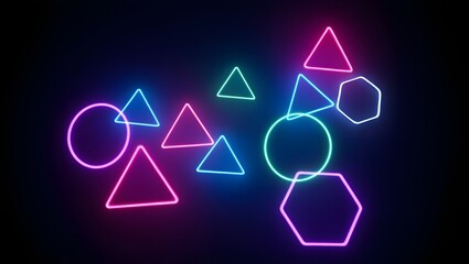 Abstract neon geometric shapes glowing in vibrant pink blue and teal colors on black background