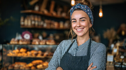 Smiling woman with a headband and apron standing confidently in a bakery, surrounded by a variety of baked goods on display under warm lighting and cozy atmosphere.