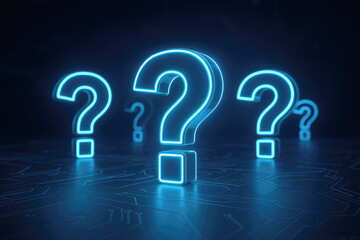 Multiple glowing blue neon question marks on a dark circuit board background symbol