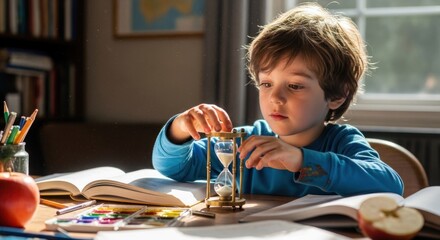 A young boy sitting at a table with an hourglass, focused on his work.