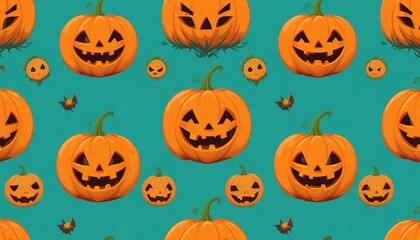 Seamless cartoon Halloween background for children, jack-o-lantern pumpkins with friendly faces, solid teal background, crisp and sharp pattern.