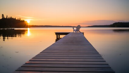 Fototapeta premium Wooden dock extending into a tranquil lake at sunset with warm golden light and distant trees