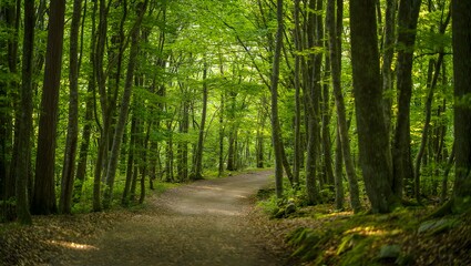Fototapeta premium Sunlit forest path winding through a dense green canopy of tall trees
