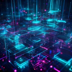 Abstract Futuristic Digital Background with Glowing Circuits and Data Streams, Neon 3D Illustration