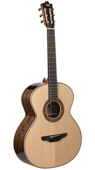 Fototapeta premium Natural wood acoustic guitar with dark fretboard and rosette detail