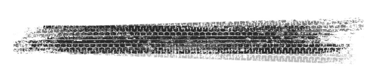 Obraz premium Grunge tire tracks with mud splatters, dirty wheel braking marks. Truck, car, or motorcycle tread pattern silhouettes. Perfect for off-road, motorsport, and racing designs. Vector illustration