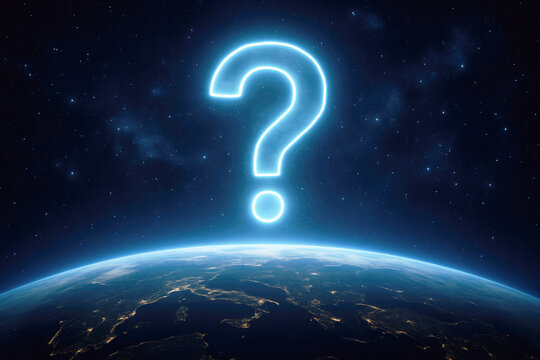 Neon question mark hovering above planet Earth in a starry night sky glowing blue - Powered by Adobe