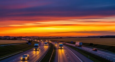 Highway traffic at sunset with vibrant colors in the sky and headlights on