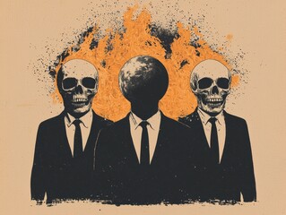 Surreal illustration of three figures representing society and environmental issues.