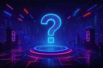 Neon Question Mark On Circular Platform In Futuristic Digital Environment symbol glowing