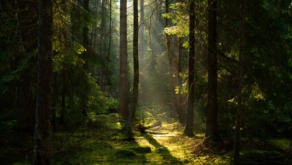Sunlight streams through a dense forest illuminating mossy ground and tall trees