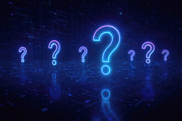 Neon Question Marks with Pink and Blue Glow in a Dark Digital Space