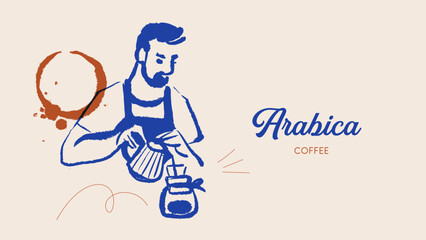 Hand drawn coffee shop poster with barista preparing coffee with drip filter. Cafe menu, bakery branding, packaging design. Whimsical sketch vector illustration.