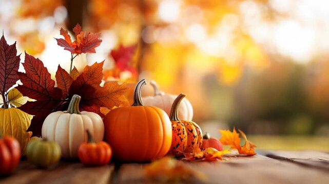 A beautiful autumn scene featuring assorted pumpkins and colorful fall leaves on a rustic wooden table. This image captures the essence of the harvest season.