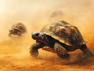 Tortoises moving through a dust cloud in a natural environment under dramatic lighting.
