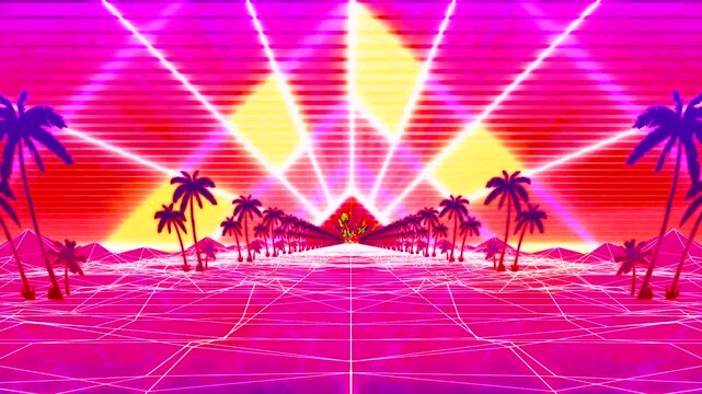 Retro wallpaper of palm trees and psychedelic lights landscape