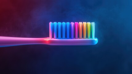 Vibrant toothbrush with colorful bristles against a smoky background.