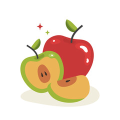 Vector illustration of a red whole apple and two sliced green apples, print for children tshirt, card, poster concept.
