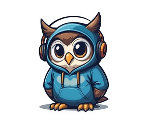 Cute cartoon owl with headphones. Vector illustration on white background.
