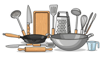 kitchen utensil cooking grater pan cutting board vector wok and other set kitchenware tools collection frying illustration 49168148 1