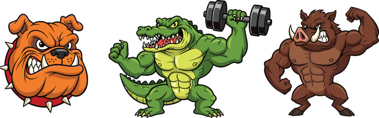 Cartoon animal mascot illustration, strong bulldog head, muscular alligator lifting dumbbell, powerful wild boar flexing muscles, aggressive beast character design