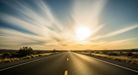 Long empty desert highway stretching towards the sun with dramatic clouds in the sky