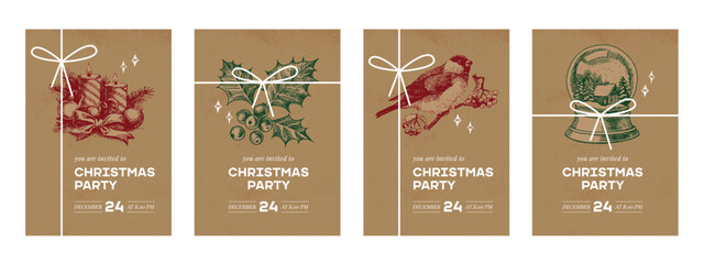 Christmas invitation cards with hand drawn holiday sketches. Festive mood, elegant vintage style. Vector illustration.