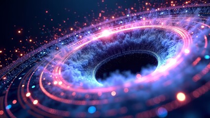 Quantum computing vortex with ethereal glowing particles