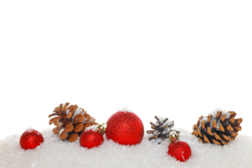 Red decorations with pine cones for winter, on white, PNG
