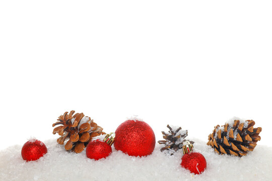 Red decorations with pine cones for winter, on white, PNG