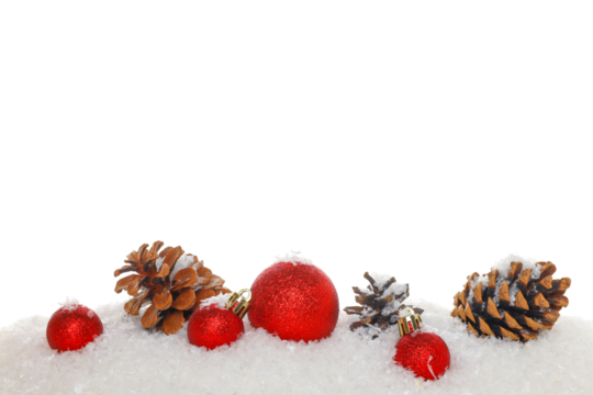 Red decorations with pine cones for winter, on white, PNG