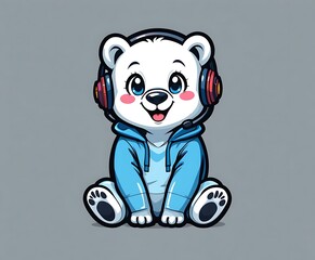Cute cartoon polar bear in headphones on gray background. Vector illustration.