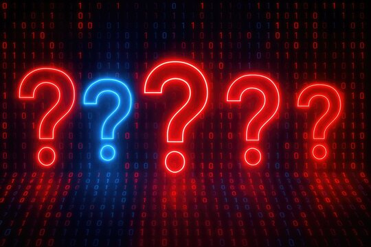 Row of neon question marks with one blue among red against a binary code background light glowing