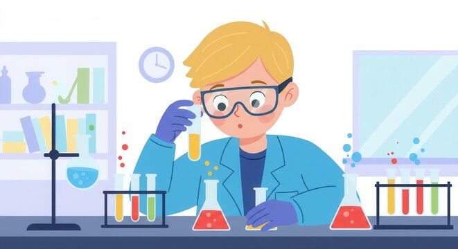 Young boy scientist conducting a chemistry experiment in a school laboratory.
