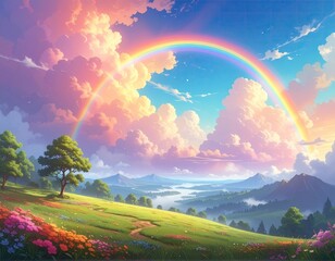 Obraz premium Scenic Landscape with Vibrant Rainbow Over Lush Green Hills Gentle Clouds and Blue Sky in Dreamy Pastel Colors Tranquil Atmosphere
