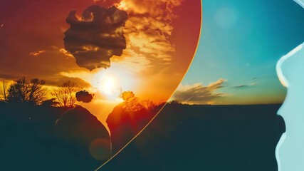A captivating hand silhouette forms a heart shape, revealing a stunning sunset and clouds within. This artistic image symbolizes love, warmth, and serenity. - Powered by Adobe