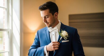 A man in a blue suit adjusting his white rose boutonniere in front of a window.
