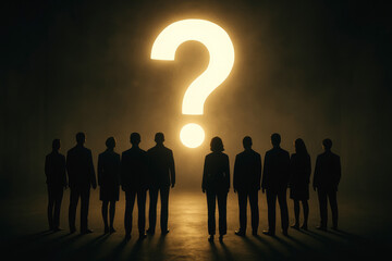 Silhouettes of people standing in a dark room looking at a large glowing question mark light